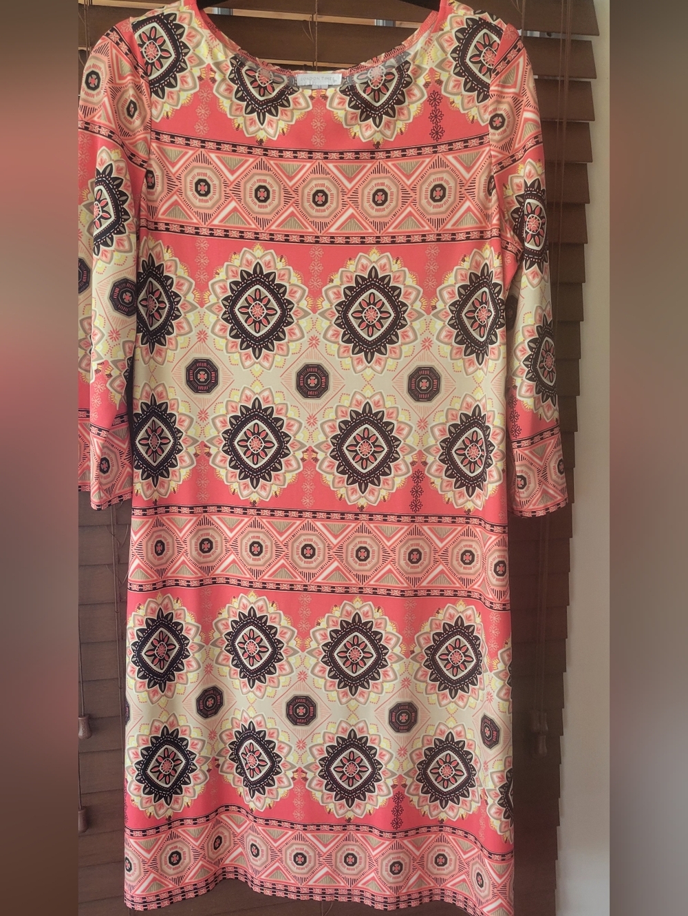 London Times. Coral Printed Long Sleeve Midi with Geometric Medallion Pattern